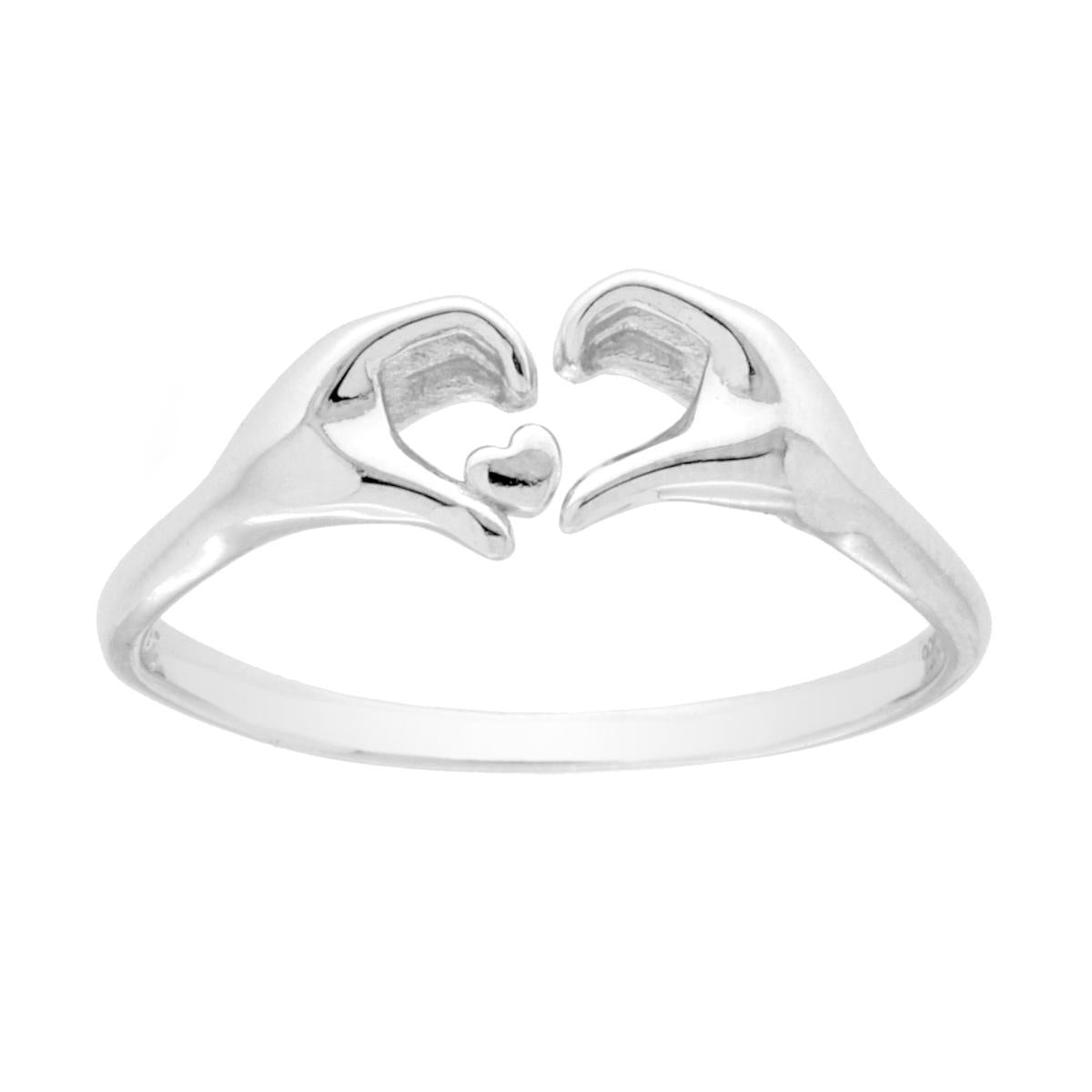Ring Liebe Love – Hände, die ein Herz bilden, mit kleinem Herzchen, aus Silber 925, rhodiniert. - MeinSchmuckShop