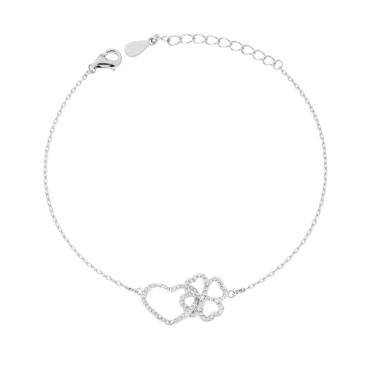 Armband mit Forzatina-Diamantierte Kette, mit Herz und gekreuztem Kleeblatt sowie weißen Cubic Zirconia, aus 925er Silber, rhodiniert. - MeinSchmuckShop