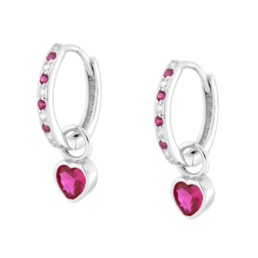 Ohrhänger Kreis mit Herz und Cubic Zirconia Rubinrot und Weiß in 925er Silber rhodiniert - MeinSchmuckShop