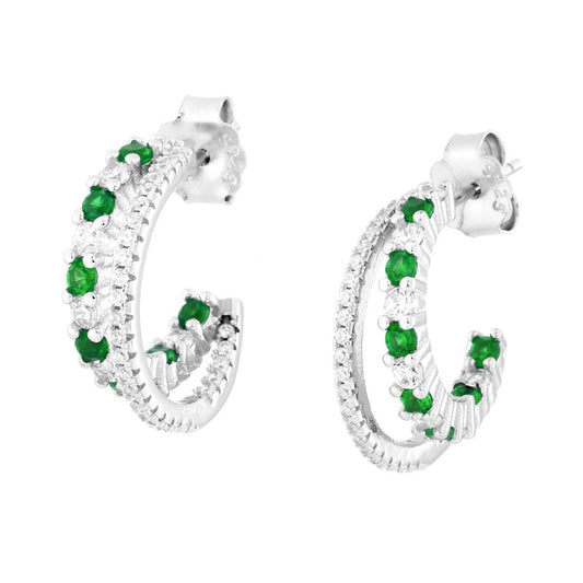 Ohrringe Kreis Doppelrohr mit Cubic Zirconia Grün Smaragd und Weiß in Silber 925 galvanisch Rhodium - MeinSchmuckShop