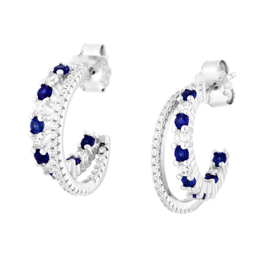 Ohrringe Doppelrohr-Kreis mit blauem Saphir-Cubic-Zirkon und weißen Cubic-Zirkonien aus 925er Silber rhodiniert - MeinSchmuckShop
