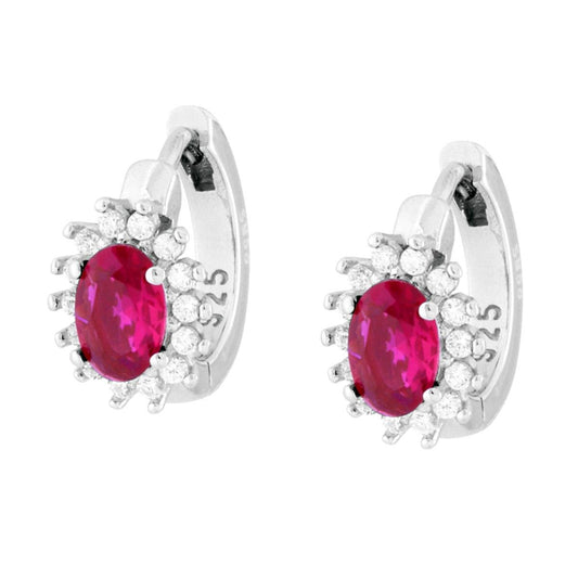 Ohrhänger in Kreisform mit ovalem rubinroten Rubin, umgeben von weißen Cubic-Zirconia, aus 925er Silber, rhodiniert. - MeinSchmuckShop