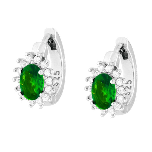 Kreis-Ohrhänger mit Oval grünem Smaragd, umrahmt von weißen Cubic Zirconia, aus 925er Silber, rhodiniert. - MeinSchmuckShop
