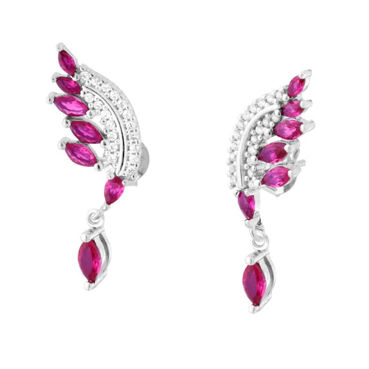 Ohrringe in Federform mit weißen Cubic-Zirkonien und rubinroten Zirkonien, aus 925er Silber rhodiniert - MeinSchmuckShop