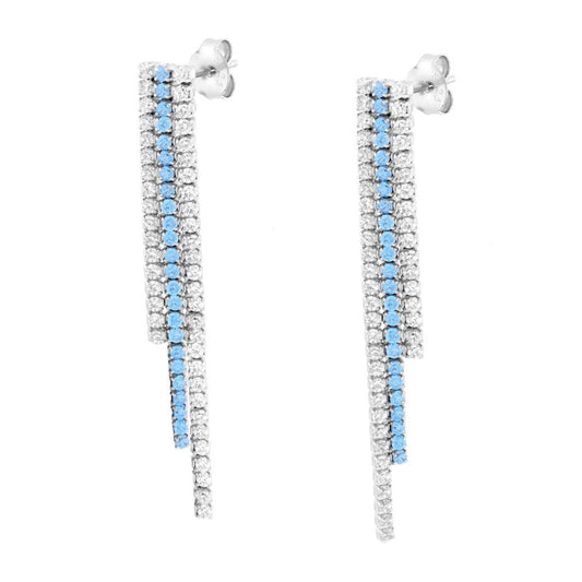 Ohrringe mit drei Strängen Tennis, mit Cubic Zirconia Aquamarin und Weiß, aus Silber 925, galvanisch rhodiniert. - MeinSchmuckShop