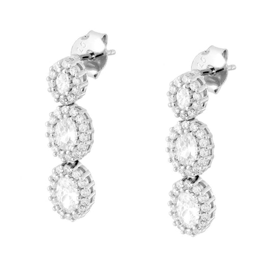 Ohrringe mit weißen ovalen Anhängern, von weißen Cubic Zirconia umrahmt, aus 925er Silber rhodiniert. - MeinSchmuckShop