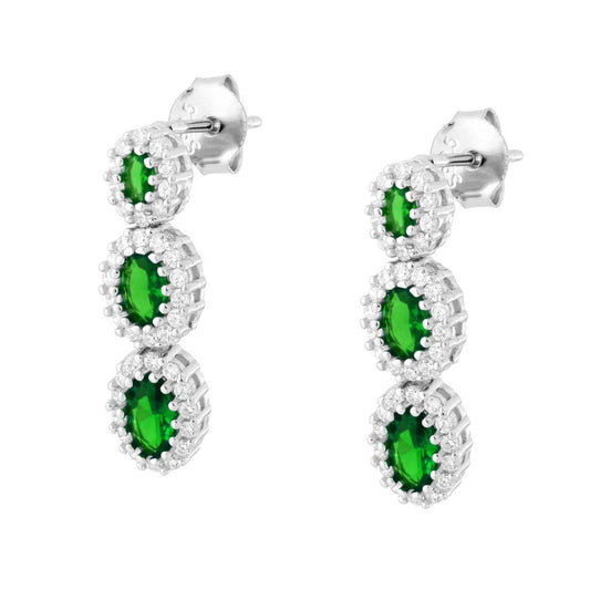 Ohrstecker mit ovalen Anhängern in Smaragdgrün, umgeben von weißen Cubic Zirconia, aus 925er Silber rhodiniert. - MeinSchmuckShop