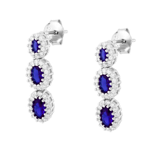 Ohrringe mit ovalen blauen Saphiranhängern, umrahmt von weißen Cubic Zirconia, aus 925er Silber rhodiniert - MeinSchmuckShop