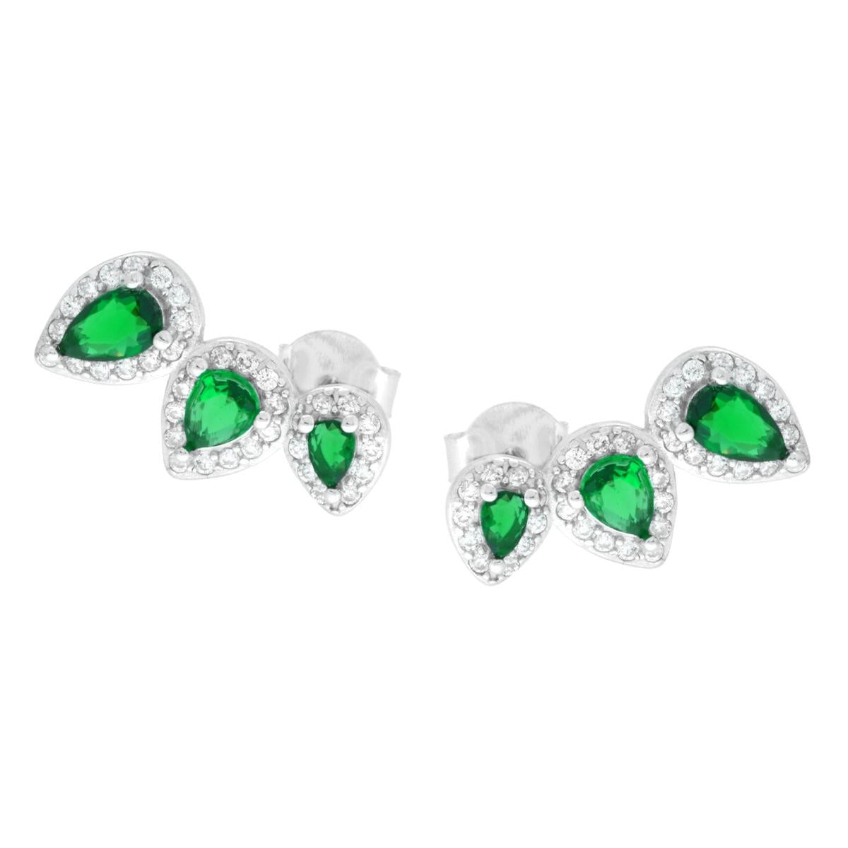 Ohrringe Trilogy Tropfen Smaragdgrün, umrandet von weißen Cubic-Zirkonien in 925er Silber galvanisch rhodiniert. - MeinSchmuckShop