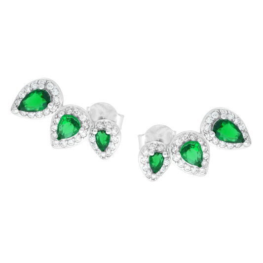 Ohrringe Trilogy Tropfen Smaragdgrün, umrandet von weißen Cubic-Zirkonien in 925er Silber galvanisch rhodiniert. - MeinSchmuckShop