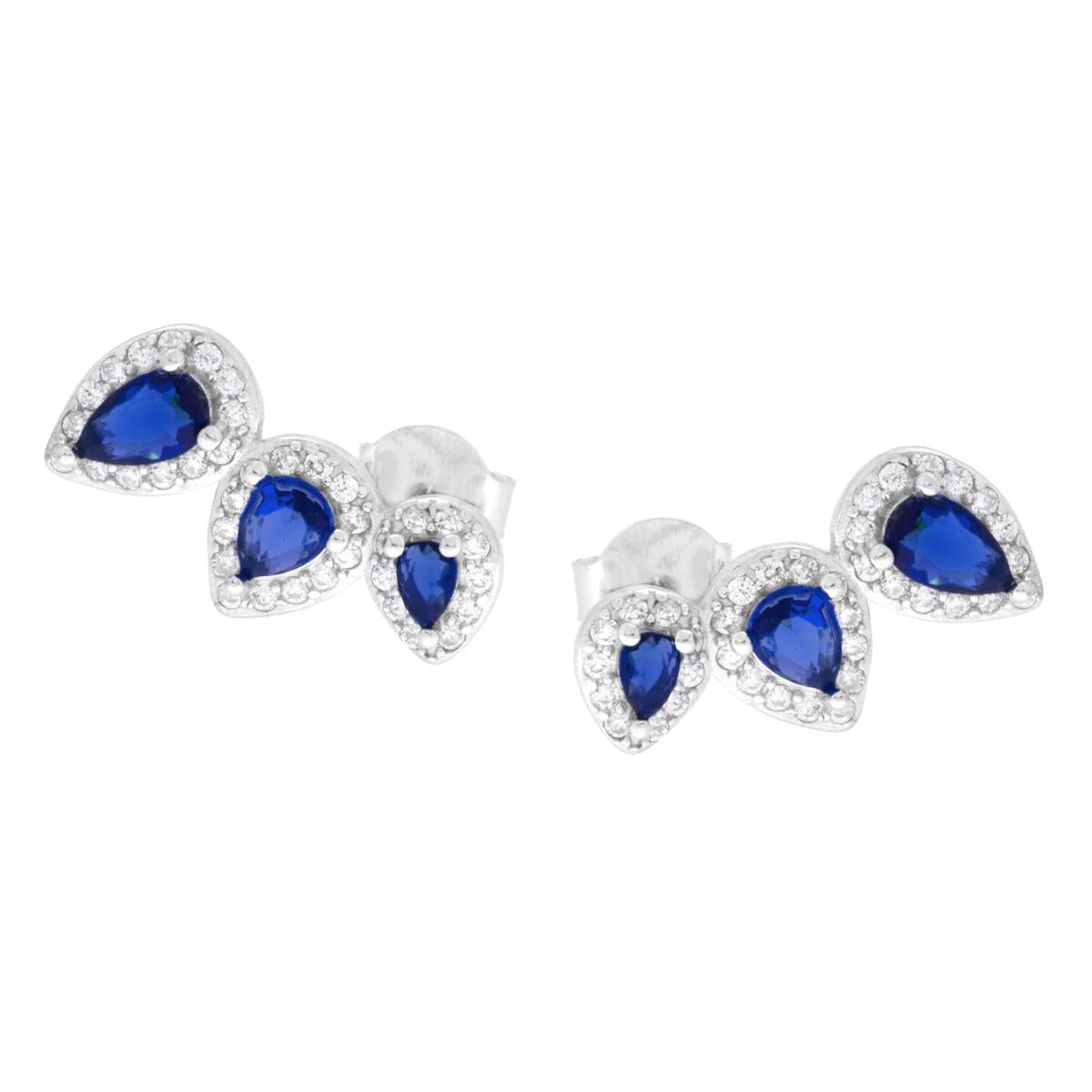 Ohrringe Trilogy Tropfen Blau Saphir, umrahmt von weißen Cubic Zirconia, in 925er Silber rhodiniert - MeinSchmuckShop