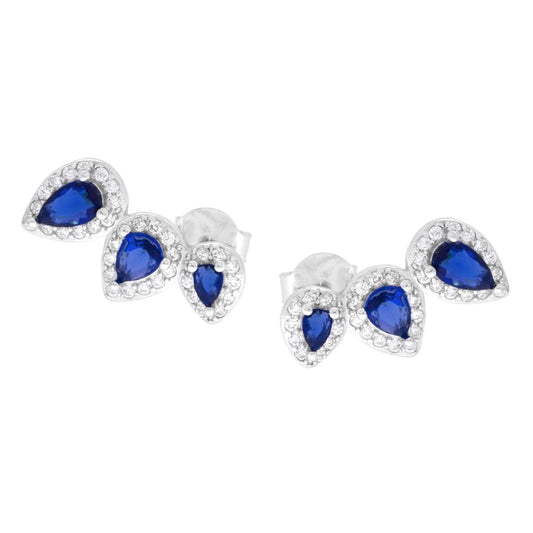 Ohrringe Trilogy Tropfen Blau Saphir, umrahmt von weißen Cubic Zirconia, in 925er Silber rhodiniert - MeinSchmuckShop