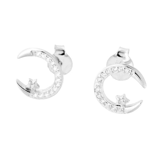 Ohrringe Mond und Stern mit weißen Cubic Zirconia, Silber 925, rhodiniert - MeinSchmuckShop