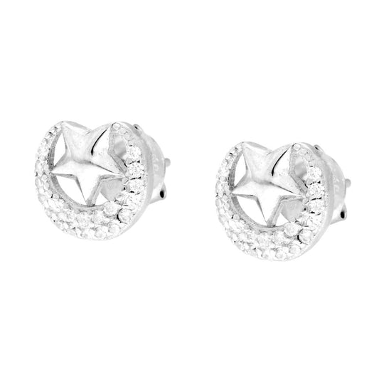 Ohrringe Mond und Stern mit weißen Cubic Zirconia aus 925er Silber, rhodiniert - MeinSchmuckShop
