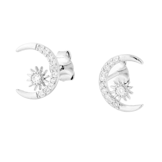 Ohrringe Mond und Sonne mit weißen Cubic-Zirkonien aus Silber 925, rhodiniert. - MeinSchmuckShop