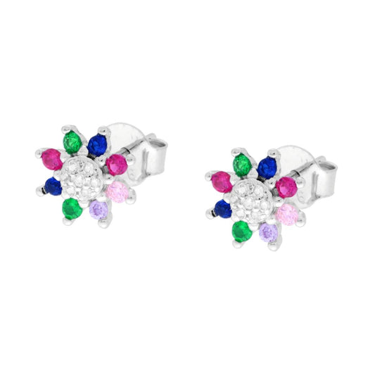 Ohrstecker Blume mit mehrfarbigem Cubic Zirconia aus 925er Silber, rhodiniert - MeinSchmuckShop