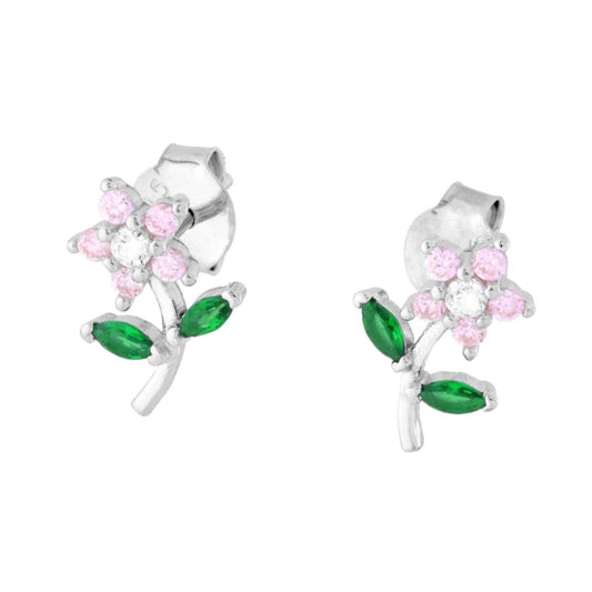 Ohrringe Blume mit Stiel und Cubic Zirconia Rosa und Smaragdgrün in 925er Silber, galvanisch rhodiniert. - MeinSchmuckShop