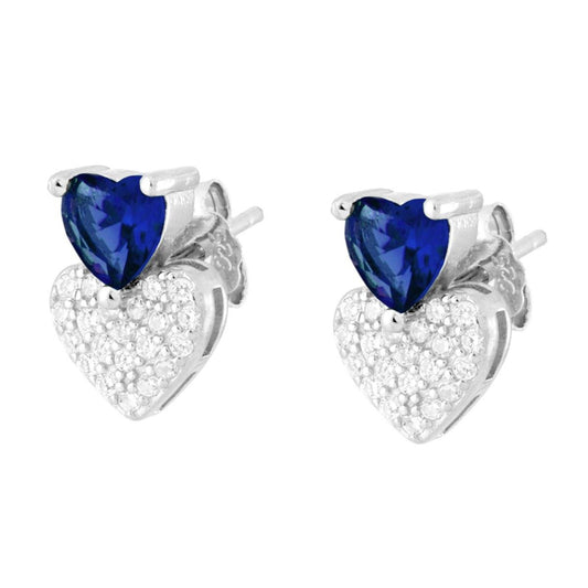 Ohrstecker Herzen Blau Saphir und Weißer Cubic Zirconia in 925er Silber, rhodiumplattiert - MeinSchmuckShop
