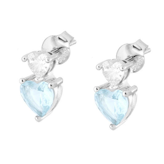 Ohrstecker Lichtpunkt Herzen Cubic Zirconia Weiß und Aquamarin aus 925er Silber rhodiniert - MeinSchmuckShop