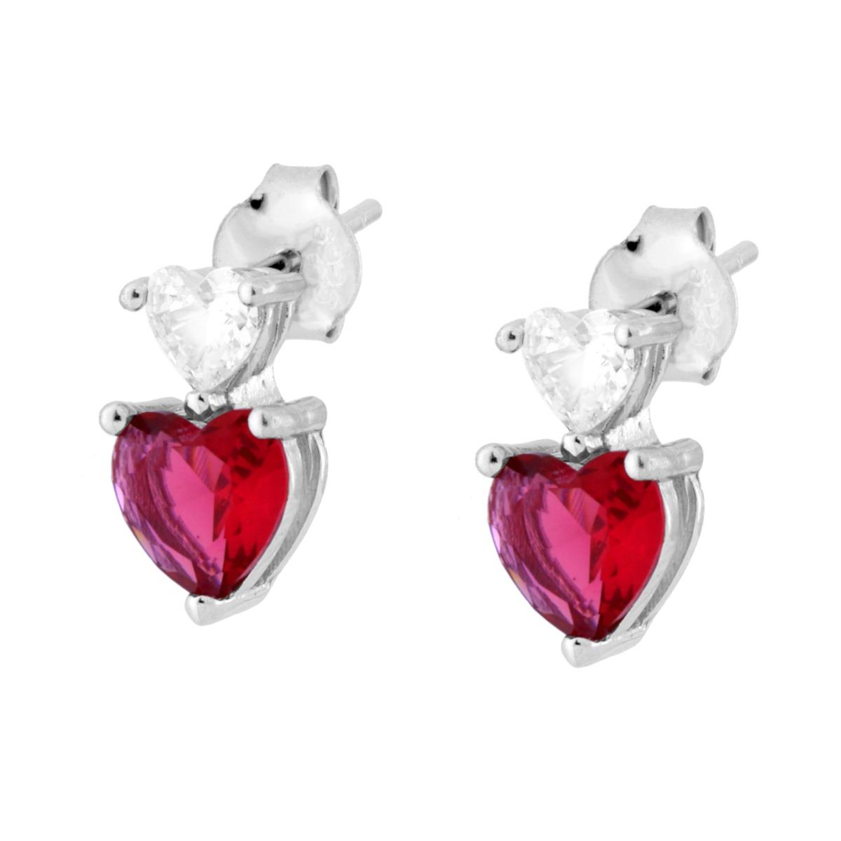 Ohrringe Lichtpunkt-Herzen, Cubic Zirconia, Weiß und Rubinrot, Silber 925 rhodiniert - MeinSchmuckShop