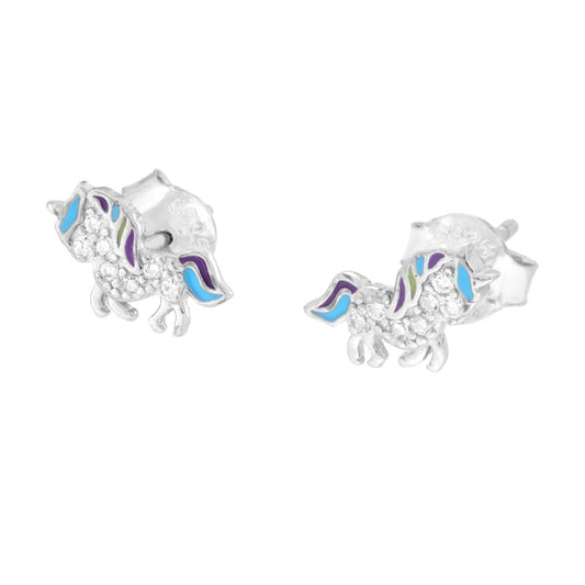 Ohrstecker Einhorn mit weißen Cubic-Zirkonien und Multicolor-Emaille aus 925er Silber, rhodiniert - MeinSchmuckShop