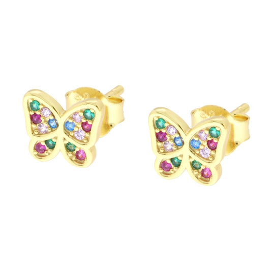 Schmetterlingsohrringe mit multicolorem Cubic-Zirkonia aus 925er Silber, Gold galvanisiert - MeinSchmuckShop