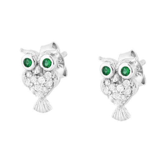 Ohrstecker in Eulenform mit weißen Cubic Zirconia und smaragdgrünen Steinen, Silber 925, rhodiniert. - MeinSchmuckShop