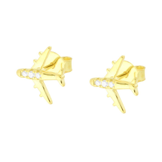 Ohrstecker in Flugzeugform mit weißen Cubic Zirconia, Silber 925, Gold galvanisch beschichtet. - MeinSchmuckShop