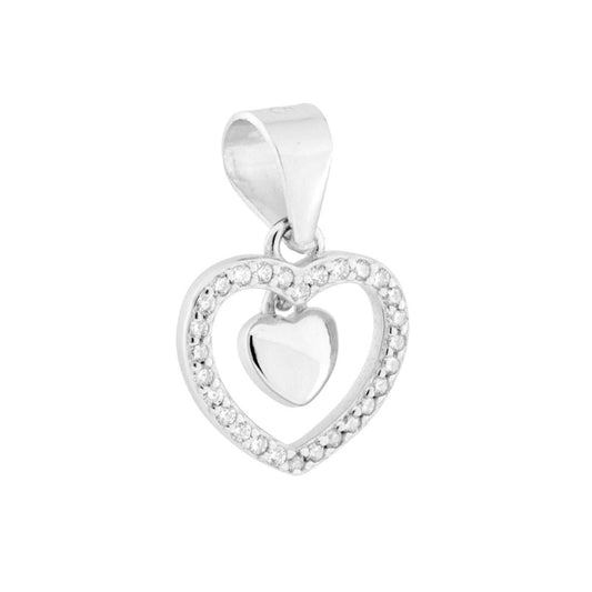Anhänger Herz mit weißen Cubic Zirconia und kleinem Herzanhänger aus 925er Silber, rhodiniert galvanisch - MeinSchmuckShop