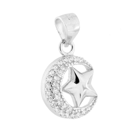 Anhänger Mond Stern mit weißen Cubic Zirconia in 925er Silber, galvanisch rhodiniert - MeinSchmuckShop