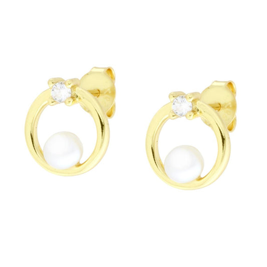 Hoop-Ohrringe aus Silber 925, mit Naturperle und weißem Cubic Zirconia, Goldplattiert - MeinSchmuckShop