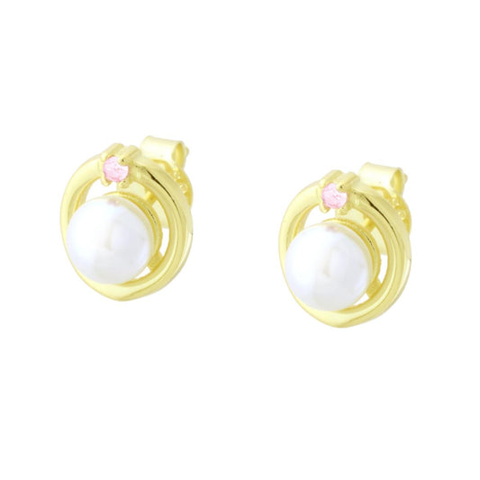 Ohrringe – Creolen mit natürlicher Perle und rosa Cubic Zirconia, Silber 925, Goldplattiert - MeinSchmuckShop