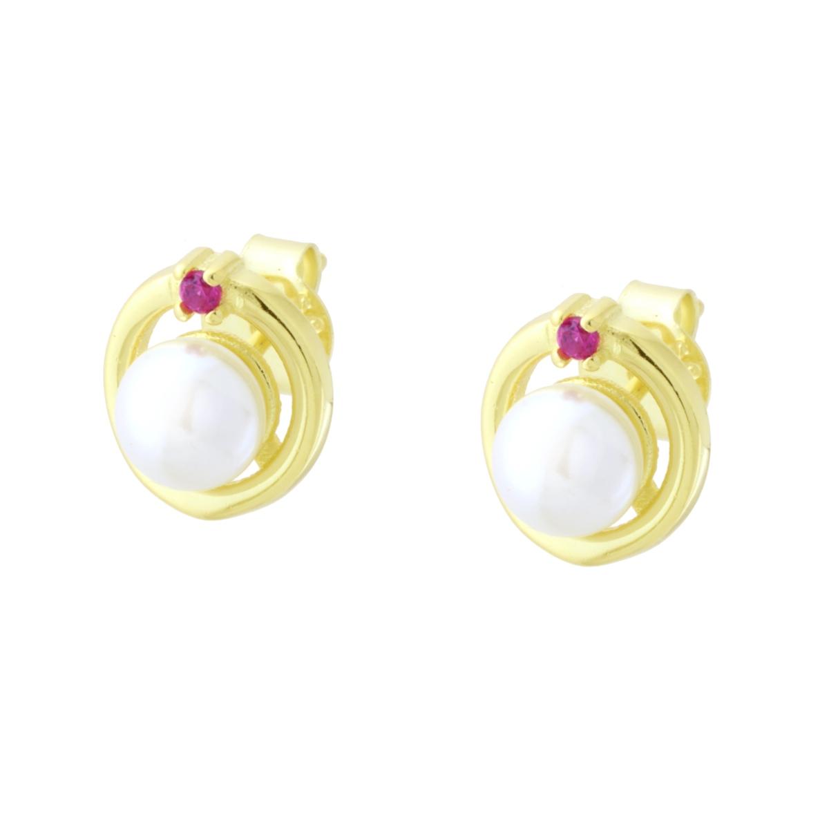 Ohrringe – Creolen mit natürlicher Perle und Cubic Zirconia Rubinrot, aus 925er Silber, Goldplattiert. - MeinSchmuckShop