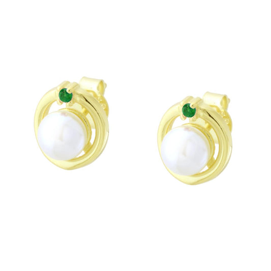Ohrringe Kreisform mit natürlicher Perle und smaragdgrüner Cubic Zirconia, Silber 925, Gold galvanisch - MeinSchmuckShop