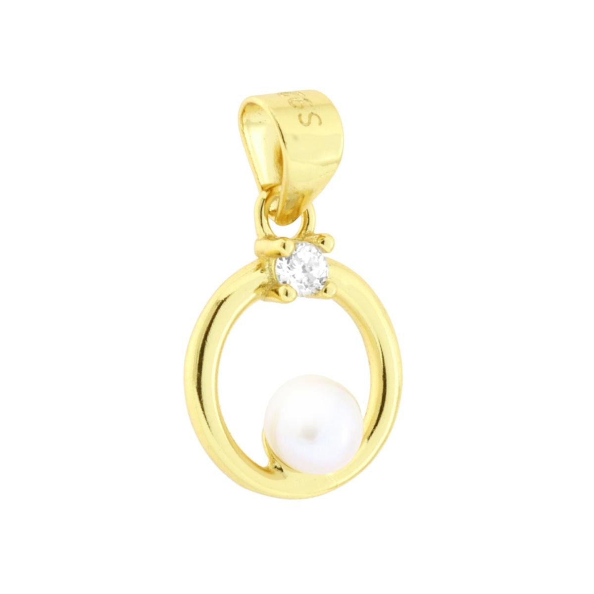 Anhänger Kreis mit natürlicher Perle und weißem Cubic Zirconia in 925er Silber, Goldplattiert - MeinSchmuckShop