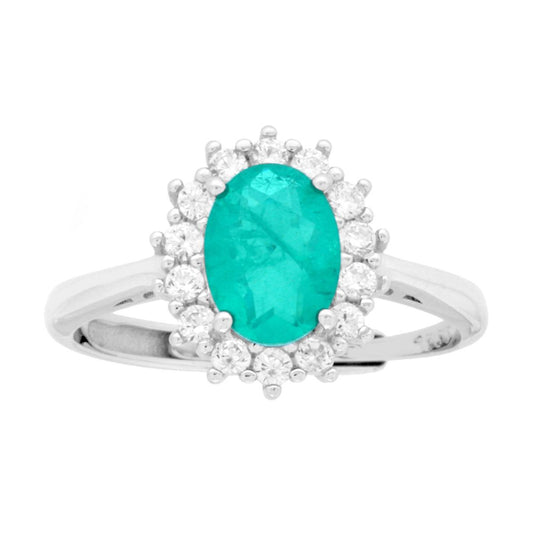Solitärring mit ovalem Naturstein Paraiba-Turmalin und weißen Cubic Zirconia aus 925er Silber rhodiniert - MeinSchmuckShop