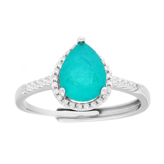 Solitärring mit Halo, tropfenförmiger Naturstein Paraiba-Turmalin und weißer kubischer Zirkon in 925er Silber, rhodiniert - MeinSchmuckShop