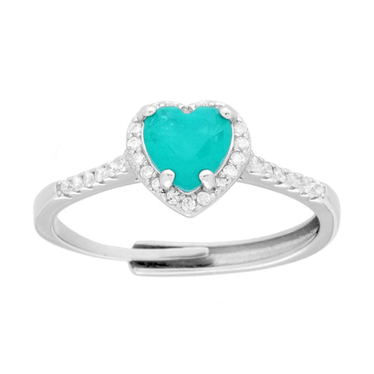 Ring Halo Solitär mit Herz, natürlichem Stein Paraiba-Turmalin und weißen Cubic-Zirkonien in 925er Silber rhodiniert - MeinSchmuckShop