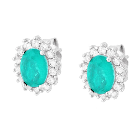 Oval-Ohrstecker aus natürlichem Paraiba-Turmalin, umrahmt von weißen Cubic Zirconia, in 925er Silber rhodiniert. - MeinSchmuckShop