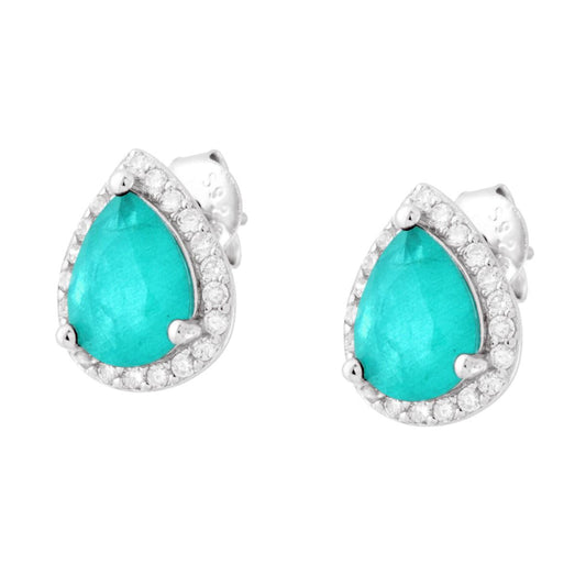 Ohrringe Tropfenform mit Paraiba-Turmalin-Naturstein, von weißen Cubic Zirconia umrahmt, aus 925er Silber, rhodiniert. - MeinSchmuckShop