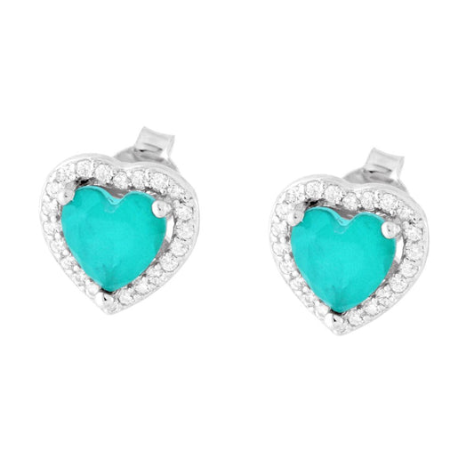 Ohrringe in Herzform mit Paraiba-Turmalin als Naturstein, von weißen Cubic Zirconia umgeben, in rhodiniertem 925er Silber. - MeinSchmuckShop