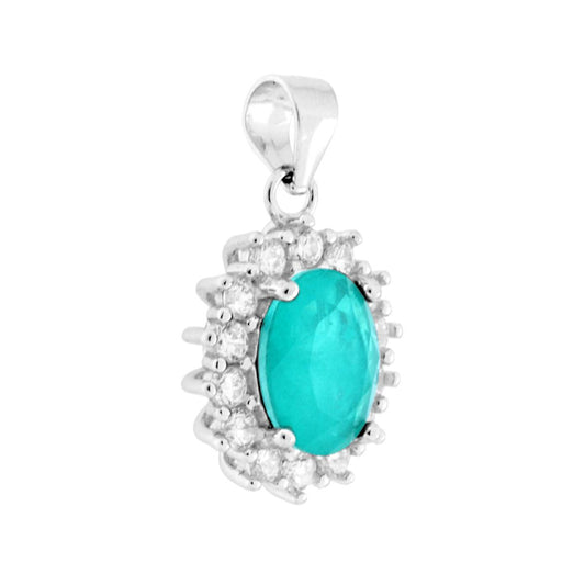 Ovaler Anhänger aus natürlichem Paraiba-Turmalin, umgeben von weißen Cubic Zirconia, in 925er Silber rhodiniert. - MeinSchmuckShop