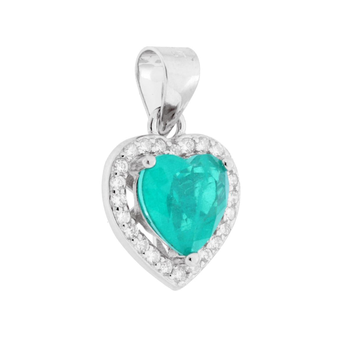 Herzanhänger mit Paraiba-Turmalin Naturstein, umrandet von weißen Cubic-Zirkonia, aus 925er Silber rhodiniert. - MeinSchmuckShop