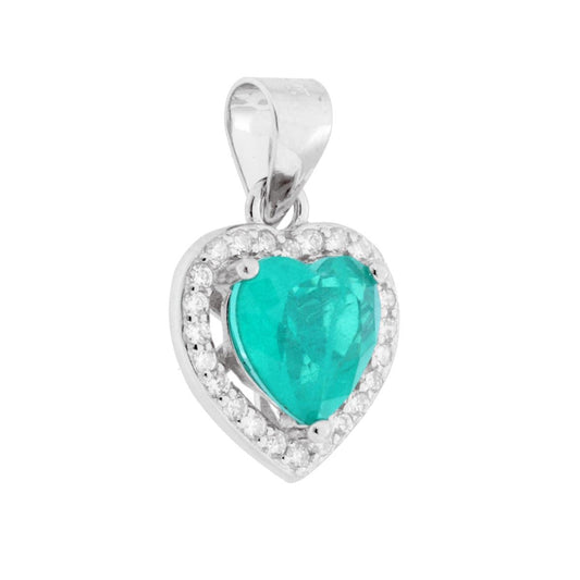 Herzanhänger mit Paraiba-Turmalin Naturstein, umrandet von weißen Cubic-Zirkonia, aus 925er Silber rhodiniert. - MeinSchmuckShop