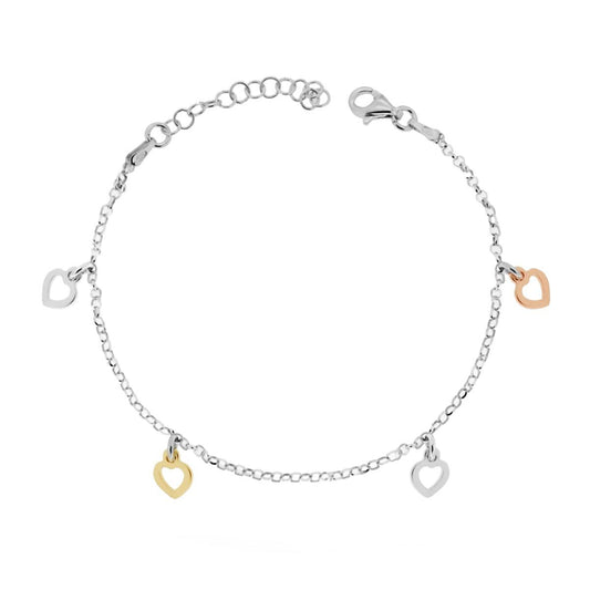 Rolo-Kette diamantiert mit hängenden Herzen, aus Silber 925, rhodiniert, Gold- und Roségoldbeschichtung - MeinSchmuckShop