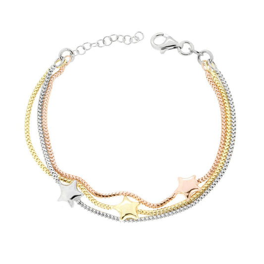 Armband aus drei Fäden Venezianerkette, diamantiert, mit gefassten Steinen, in Silber 925 galvanisch Gold, Rhodium und Roségold - MeinSchmuckShop