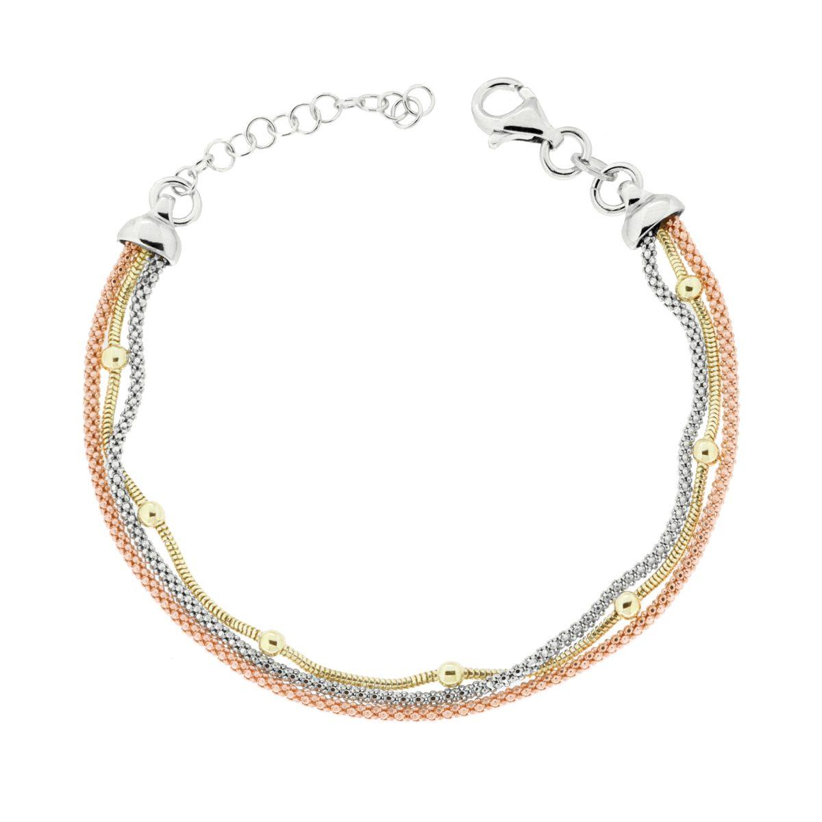 Dreifadenarmband, koreanische Kette und Mäuse-Tail-Kette mit Kugeln aus 925er Silber, galvanisiertem Rhodium, Gold und Rosé - MeinSchmuckShop
