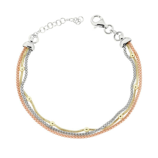 Dreifadenarmband, koreanische Kette und Mäuse-Tail-Kette mit Kugeln aus 925er Silber, galvanisiertem Rhodium, Gold und Rosé - MeinSchmuckShop