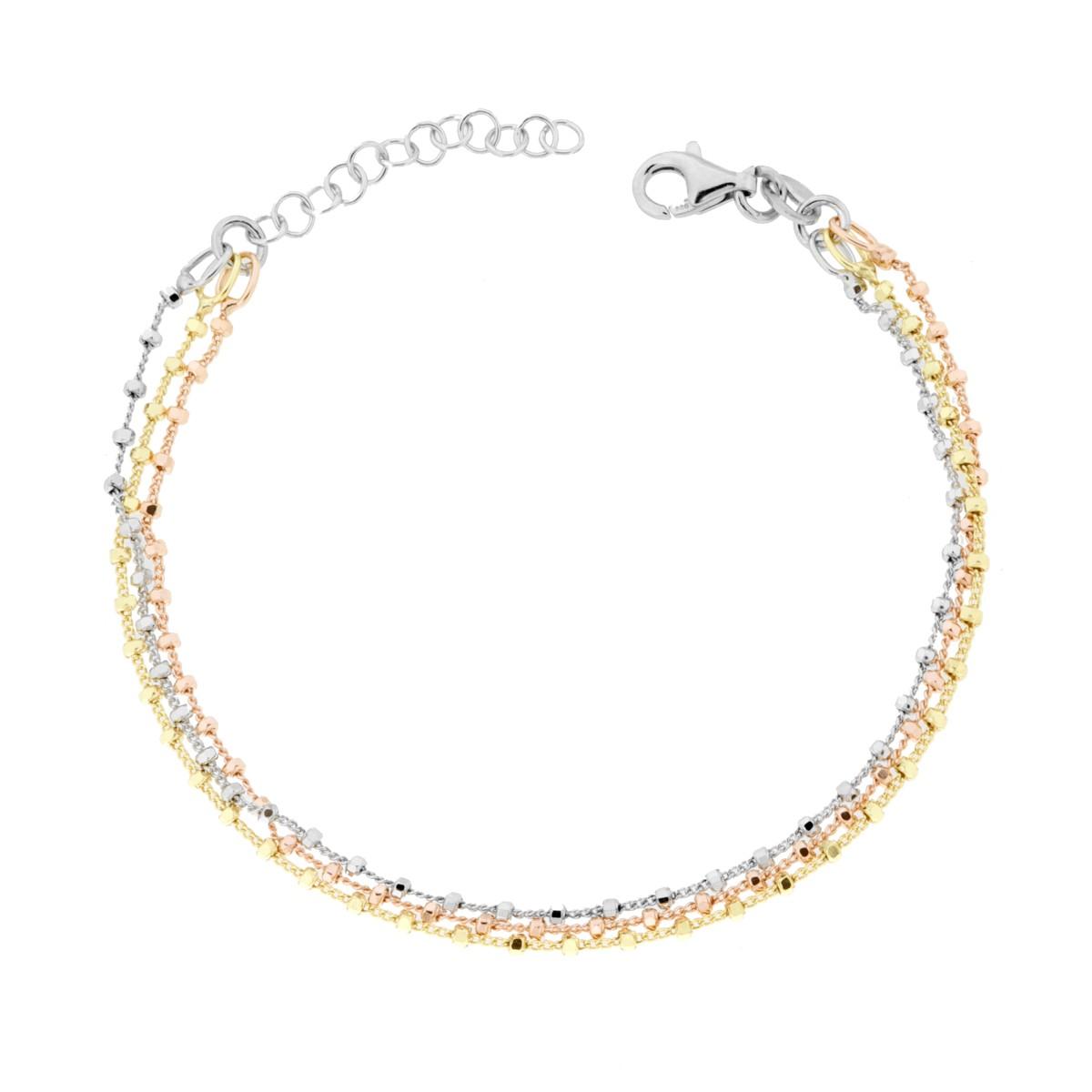 Dreifädiges Armband mit Grumetta-Kette und diamantierten Zylindern aus Silber 925, rhodiniert, Gold- und Roségold-Plattierung - MeinSchmuckShop