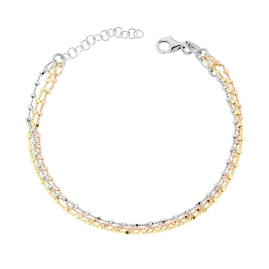 Dreifädiges Armband mit Grumetta-Kette und diamantierten Zylindern aus Silber 925, rhodiniert, Gold- und Roségold-Plattierung - MeinSchmuckShop